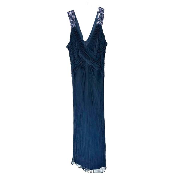 Tadashi Shoji Dress Navy Blue Sequin Silk Sleeveless Formal Maxi Gown Size 16 - Picture 1 of 11